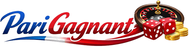 Pari Gagnant logo featuring French flag colors with a roulette wheel, dice, and gold coins